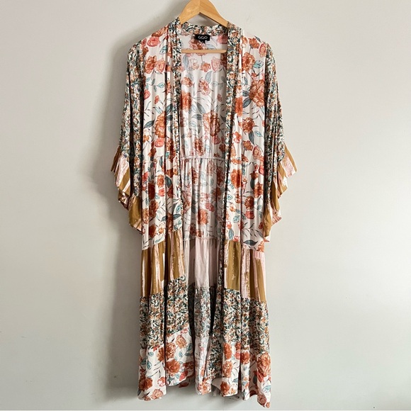 Gigio Dawn Floral and Stripe Print Kimono Boho Festival Open Front Size Medium - Picture 2 of 5